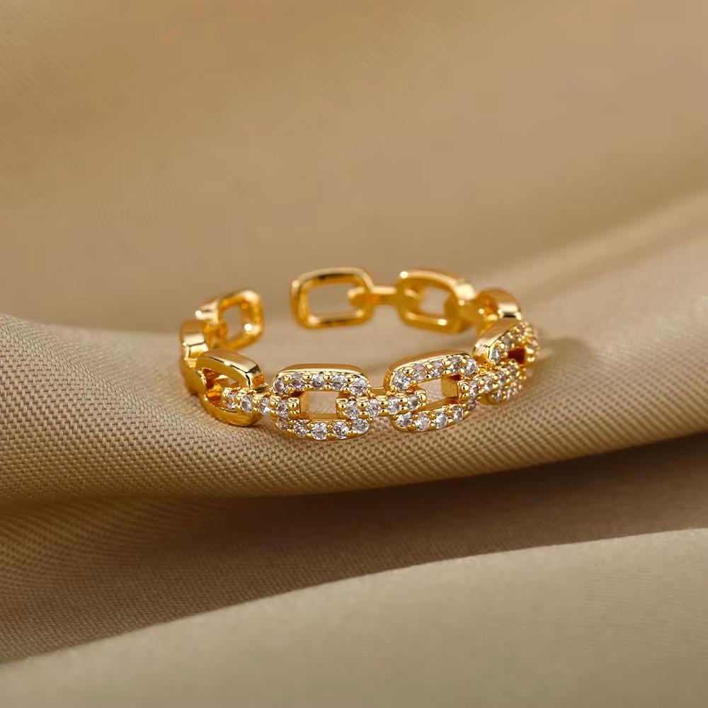 Luxury Zircon Twist Chain Open Rings For Women Stainless Steel Gold Color Geometric Ring Vintage Aesthetic Jewelry Gift femme