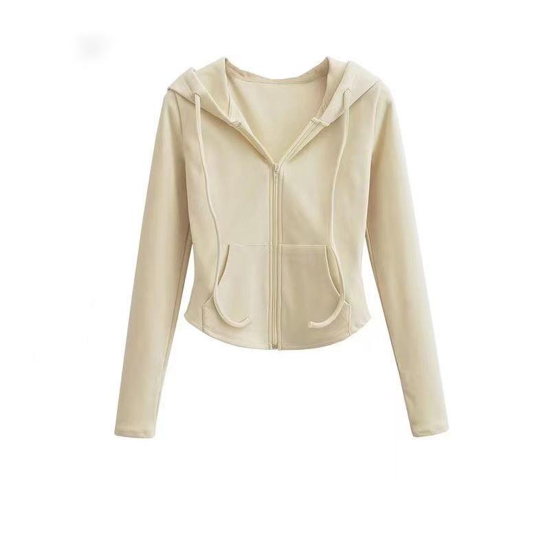 Women’s Spring/Autumn Hooded Cardigan Jacket – Slim-fit, Waist-cinched, Slimming, Long-sleeved, Cropped Top