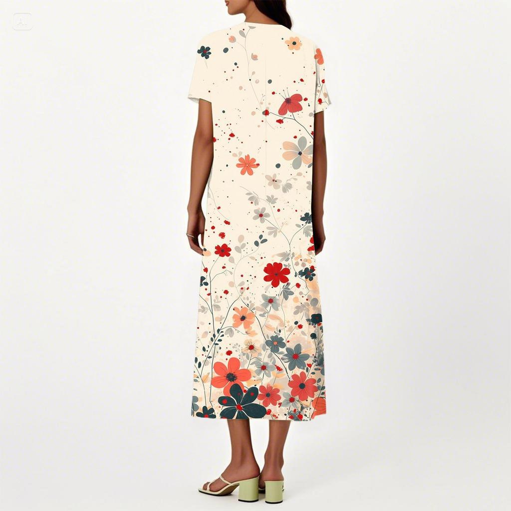 Fashion Women's Summer V-Neck Short Sleeve Floral Print Beach Dress