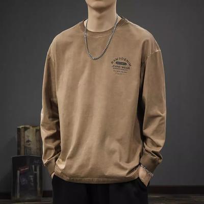 Toamna și iarna, la modă, brandul Heavy Washed, bărbați, cu mânecă lungă, tricou Loose din bumbac pur, cămașă de bază, american retro Wasteland, pulover
