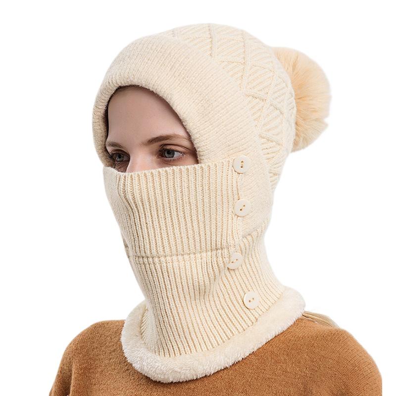 Hat and scarf integrated women's autumn and winter warm knitted hat cycling fleece pullover hat windproof ear protection wool hat
