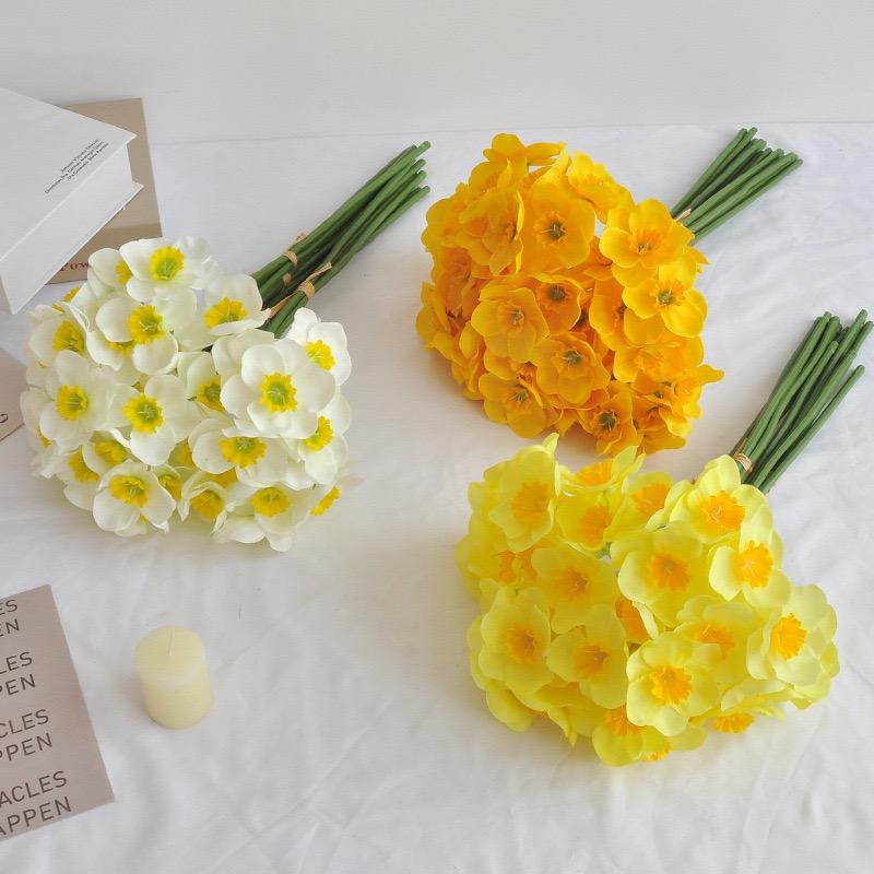 White Artificial Daffodil Flower Bouquet Fabric Flowers for Home Wedding Decor Bridal Bouquets Table Arrangement
