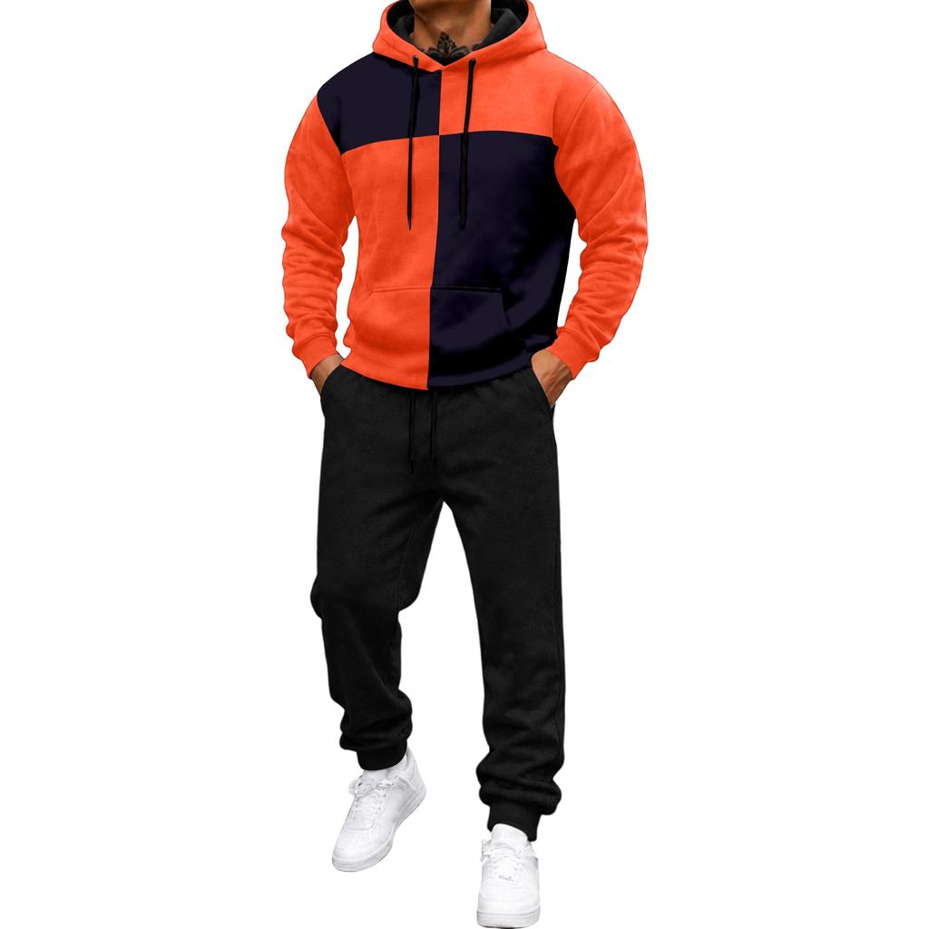Men's Color Block Hooded Sweatshirt and Sweatpants Set Casual Athletic Track Suit