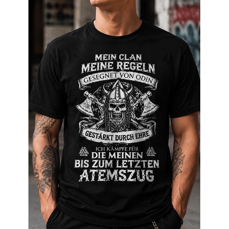 Men's Graphic T-Shirt With Viking Skull And Axes Design, Short Sleeve Crewneck Tee For Casual Streetwear