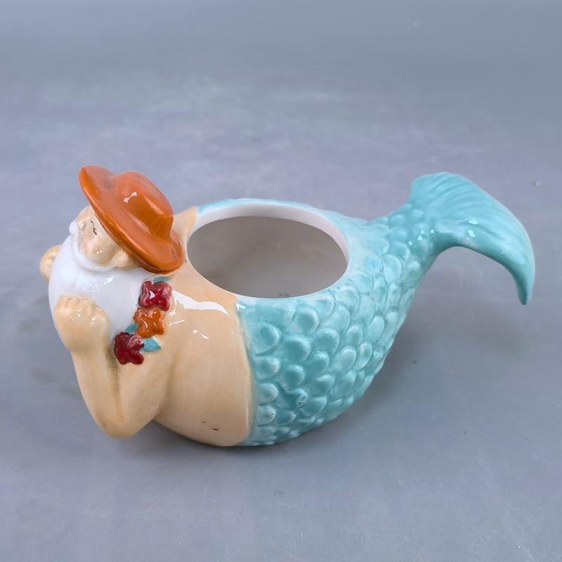 Creative mermaid ceramic succulent flower pot animal model cute bear elephant desktop mermaid potted plant ornament