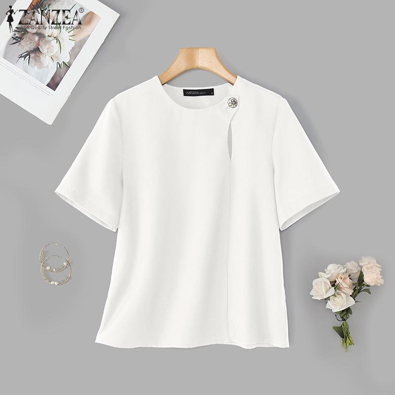

ZANZEA Elegant Womens Summer O Neck Short Sleeve Solid Casual Blouse M
