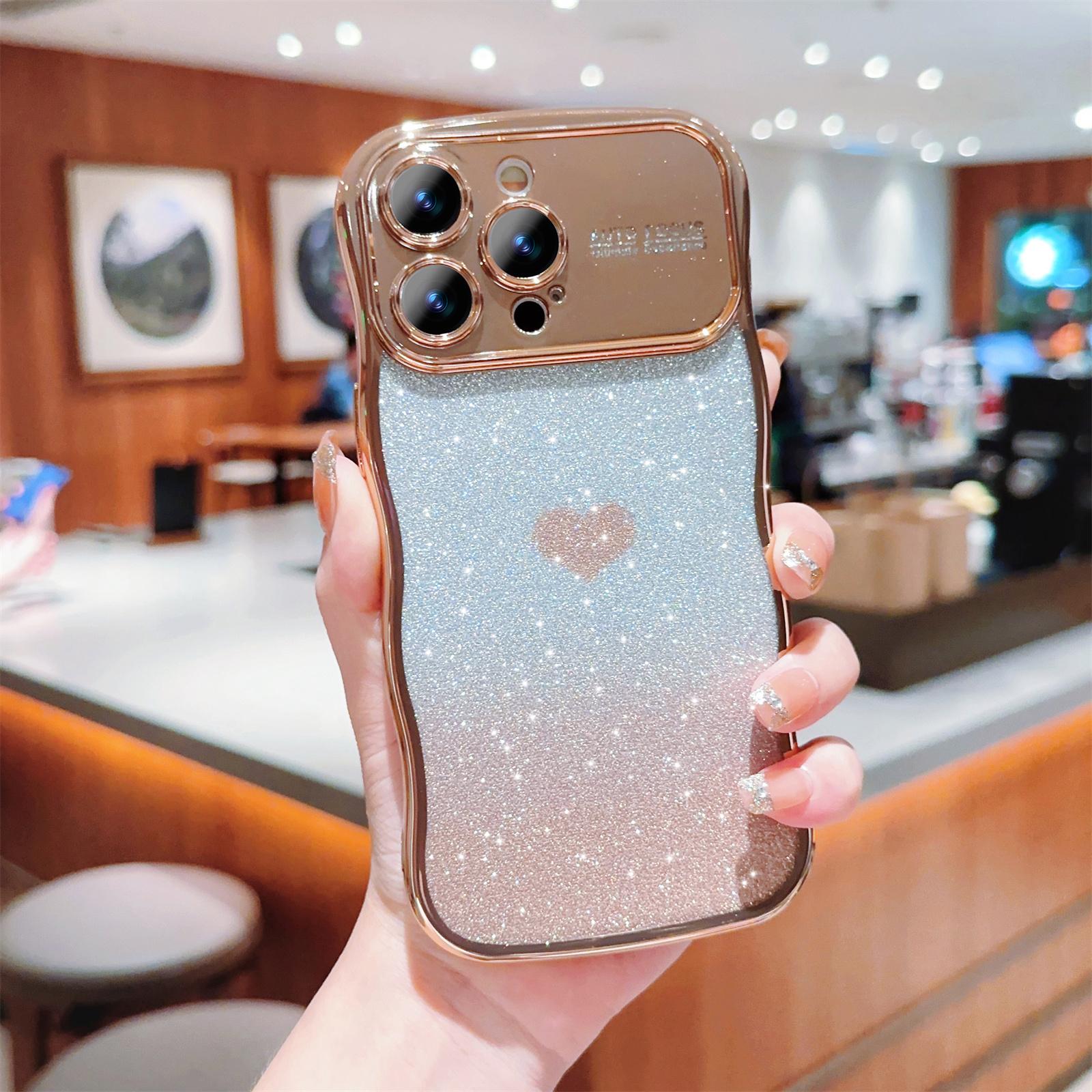 

For iPhone 16 Pro Max Case Love Heart Gradient Glitter TPU Phone Cover Electroplating Curly Frame Gold