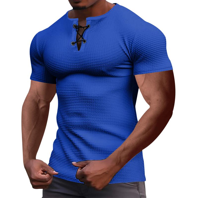 Sommer grenzüberschreitende Athleisure-Mode schlank atmungsaktiv Herren Kurzarm T-Shirt Europäisches und amerikanisches Herren Bindeband Henley-Shirt
