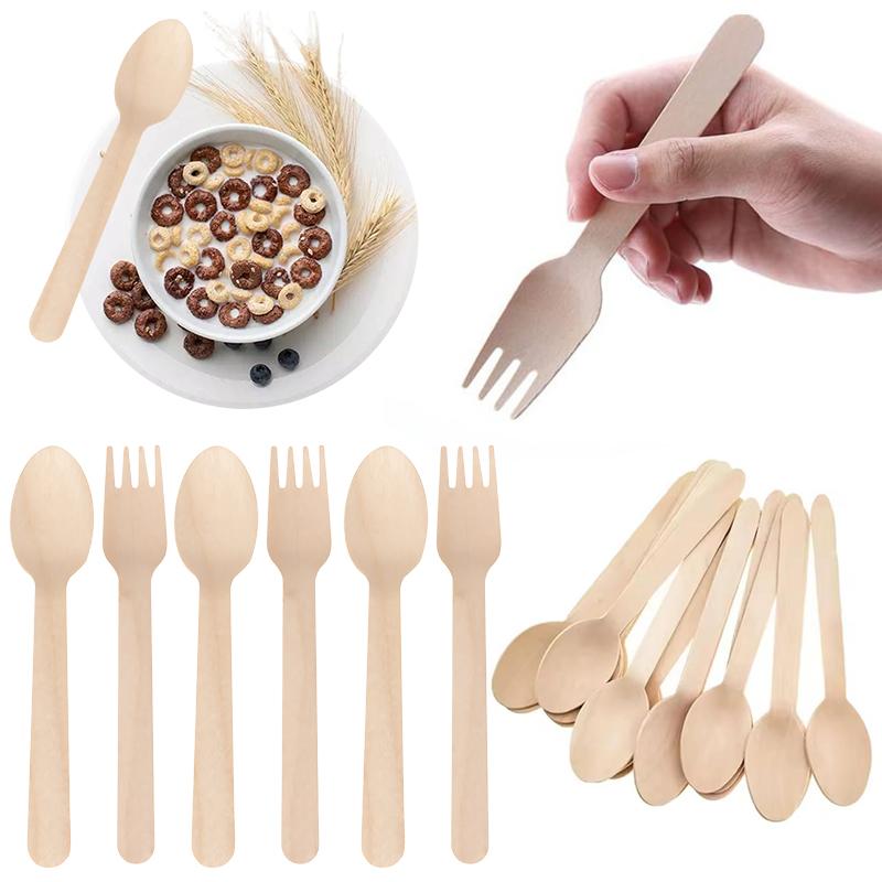 14cm Disposable Wooden Fork Spoon 50/100PCS Pack Tablewares Home Office Restaurant Camping Picnic Travel Lightweight Cutlery ZYF