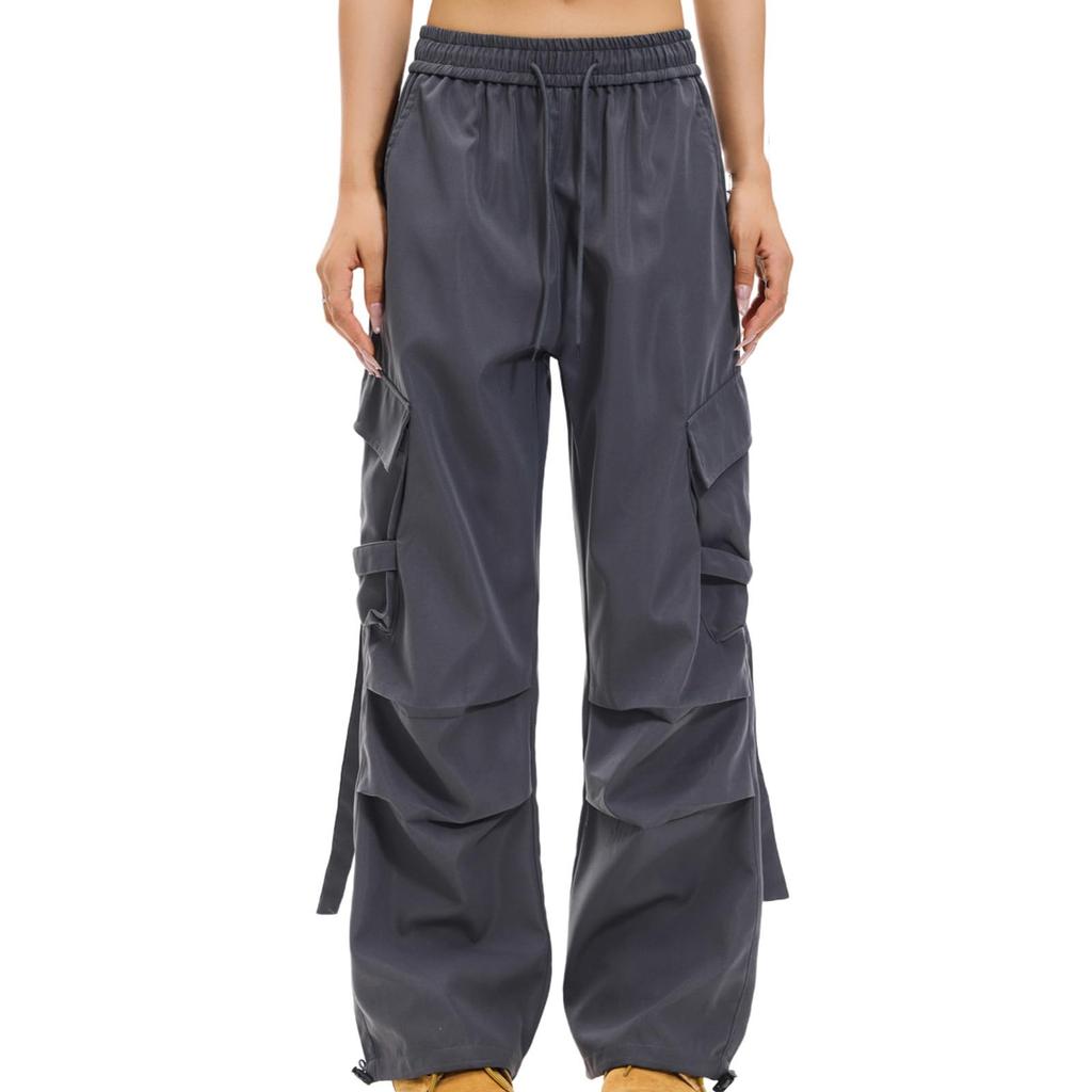 Damen Elastische Hose mit Hohem Bund Lässige Passform Weites Bein Lange Hose Hose mit Taschen