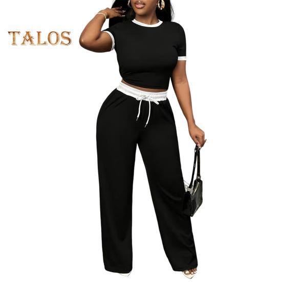 

Женский летний комплект из 2 предметов: укороченный топ с круглым вырезом, короткими рукавами, широкие брюки на завязках, повседневный спортивный костюм, комплект для отдыха M чёрный