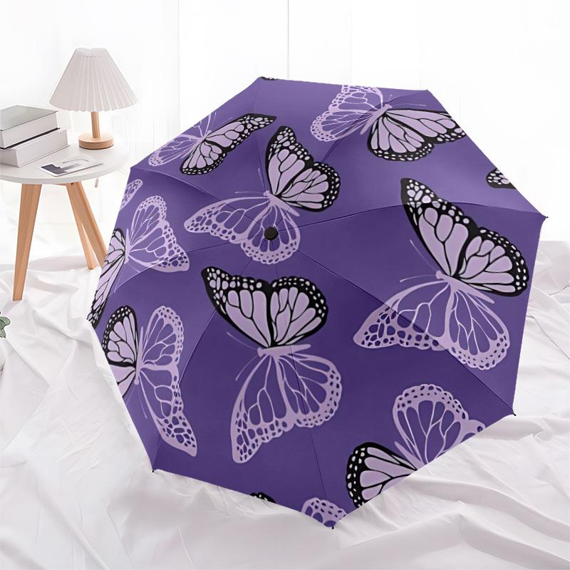 1pc Butterfly Purple Pattern Auto-Fold Umbrella with One-Touch Open/Close - 8 Reinforced Ribs for Windproof Stability,  Yy251118237