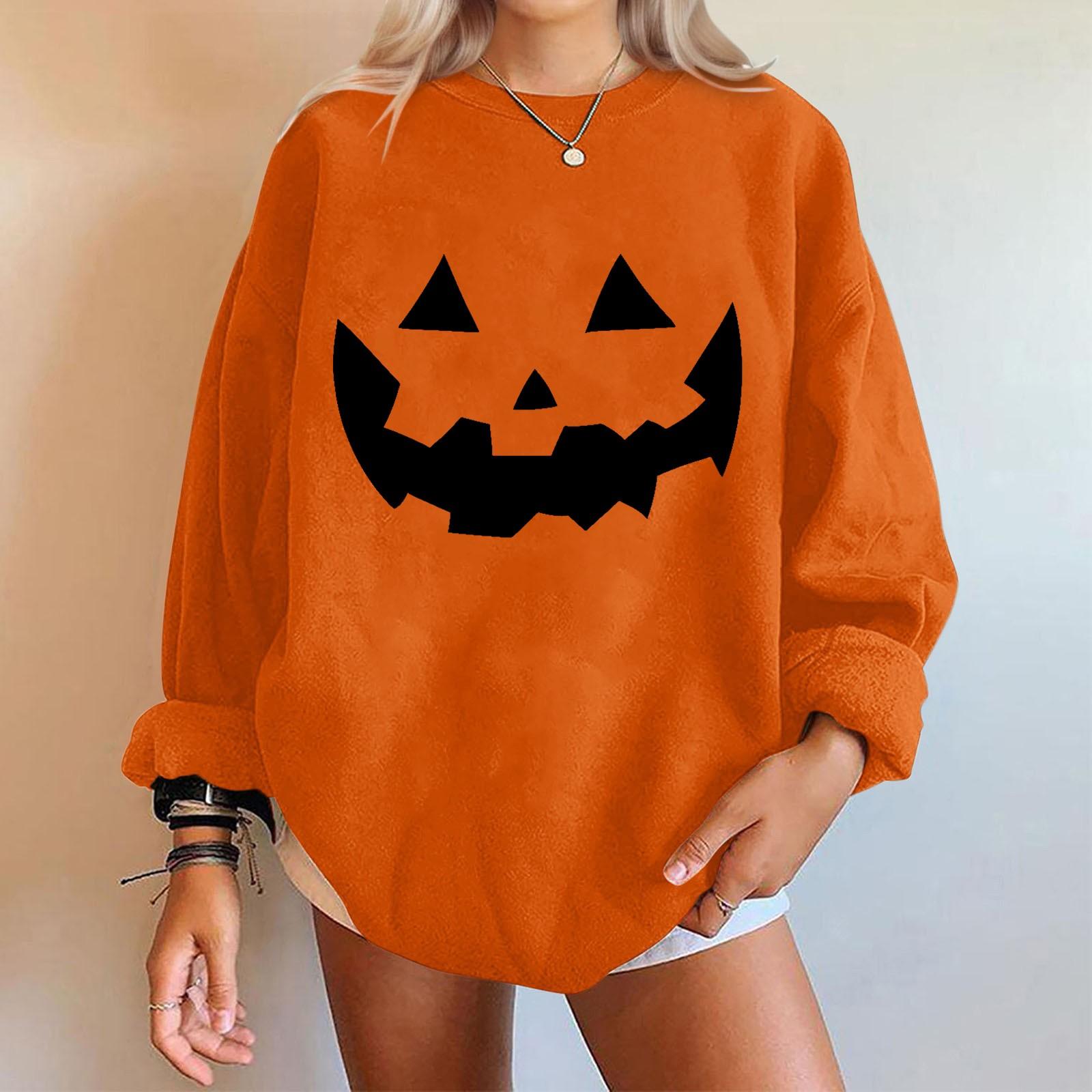 

Женские повседневные модные толстовки с длинным рукавом и круглым вырезом с принтом Хэллоуина, пуловер, топ XL шафрановый