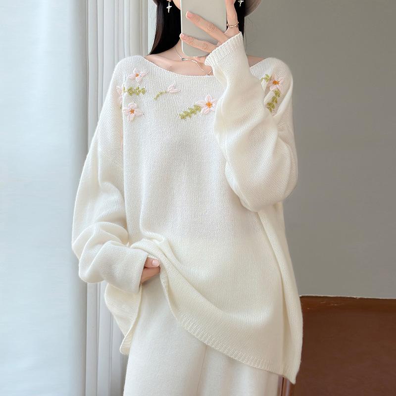 Blue Off-Shoulder 3D Flower Wool Sweater for Women
