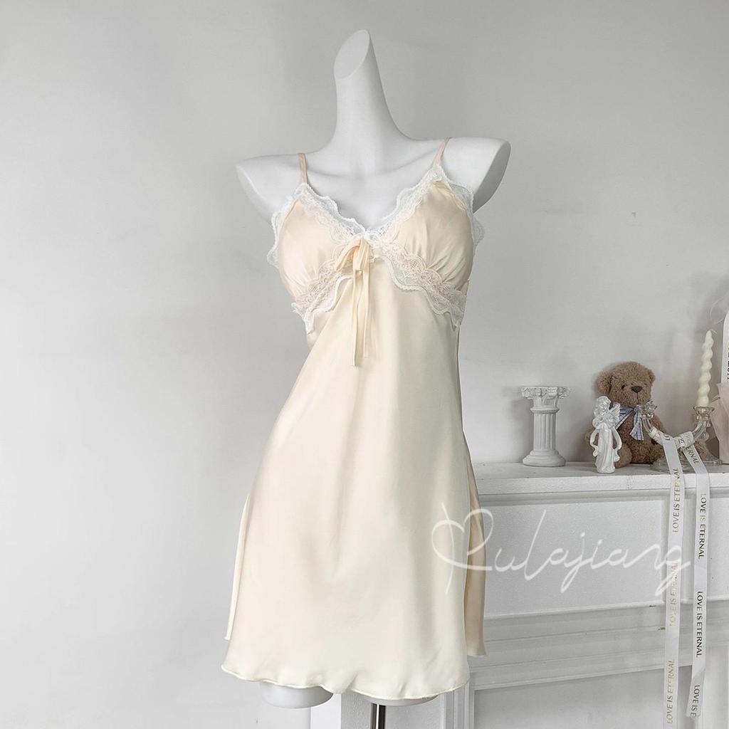 Satin Ice Silk Lace Nightdress with Chest Pad - Women's Thin Sling High-End Pajamas