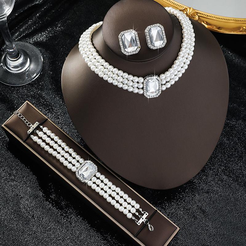 Luxurious imitation pearl crystal Choker necklace Set for Women Fashion Bracelet Earrings Jewelry Set for Wedding Bridal Sets