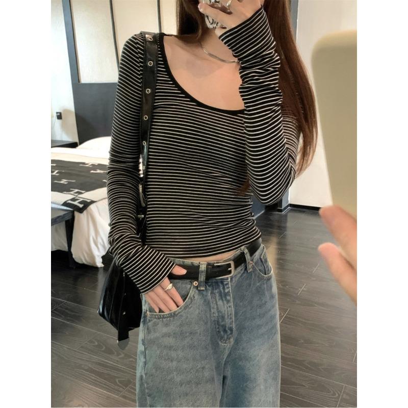 Spring sexy babes big neckline striped contrasting top women's bottoming shirt slim and thin long-sleeved T-shirt tide