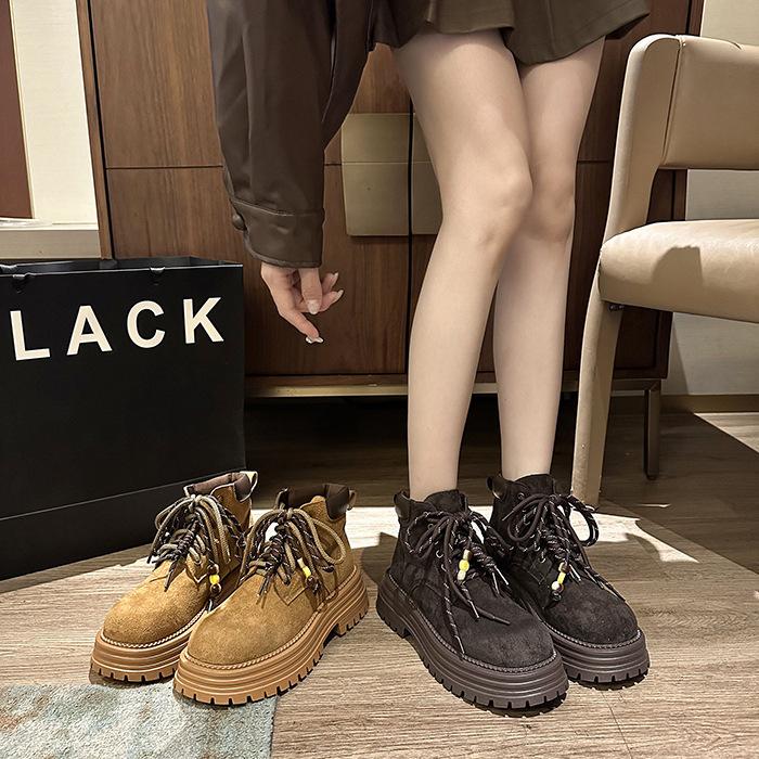 Vintage Thick-soled Lace-up Martin Boots Women's 2025 Autumn New Fashion Tooling Rhubarb Boots Maillard Short Boots
