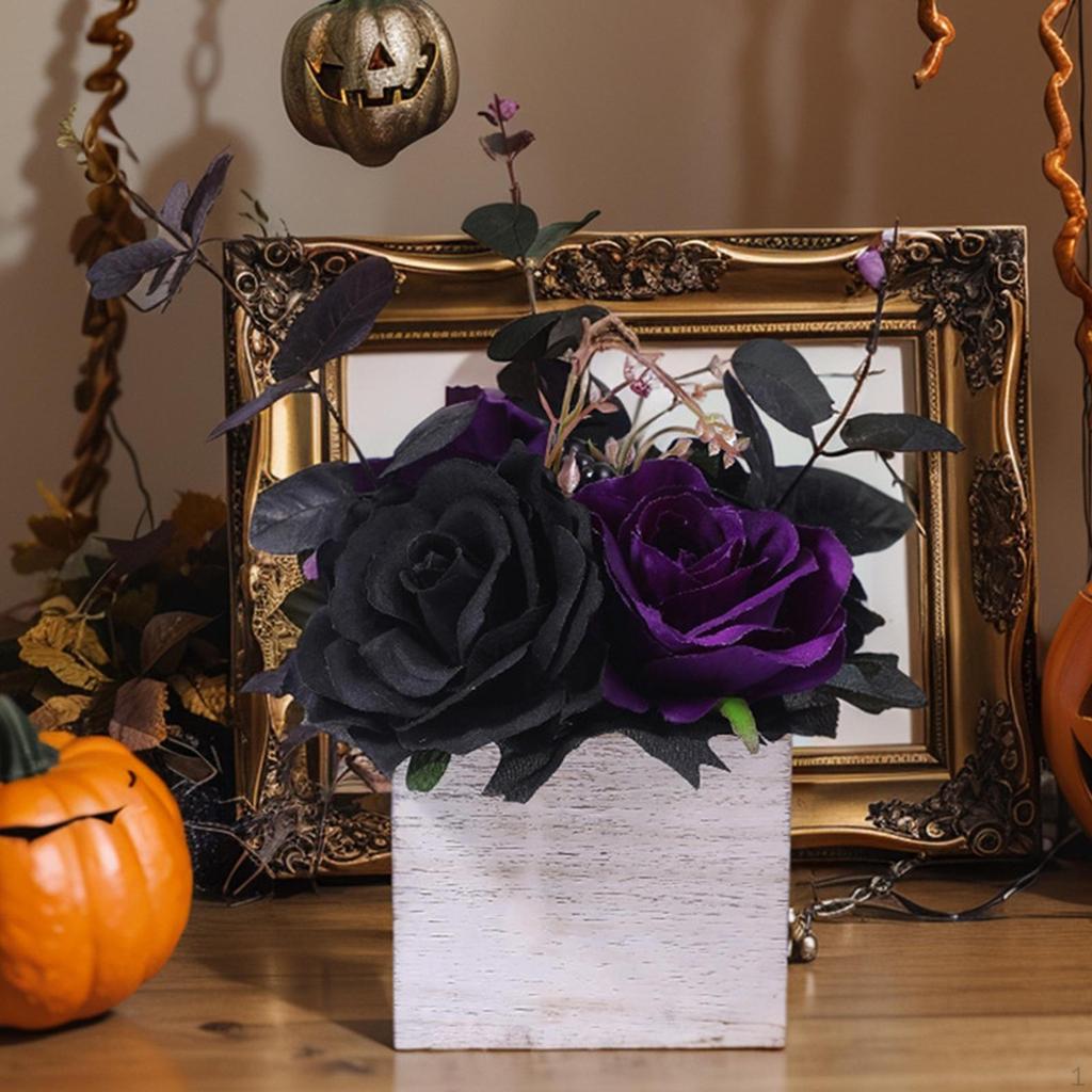 Halloween Artificial Flowers Arrangement in Wooden Box Boxed Faux Desktop Ornament for