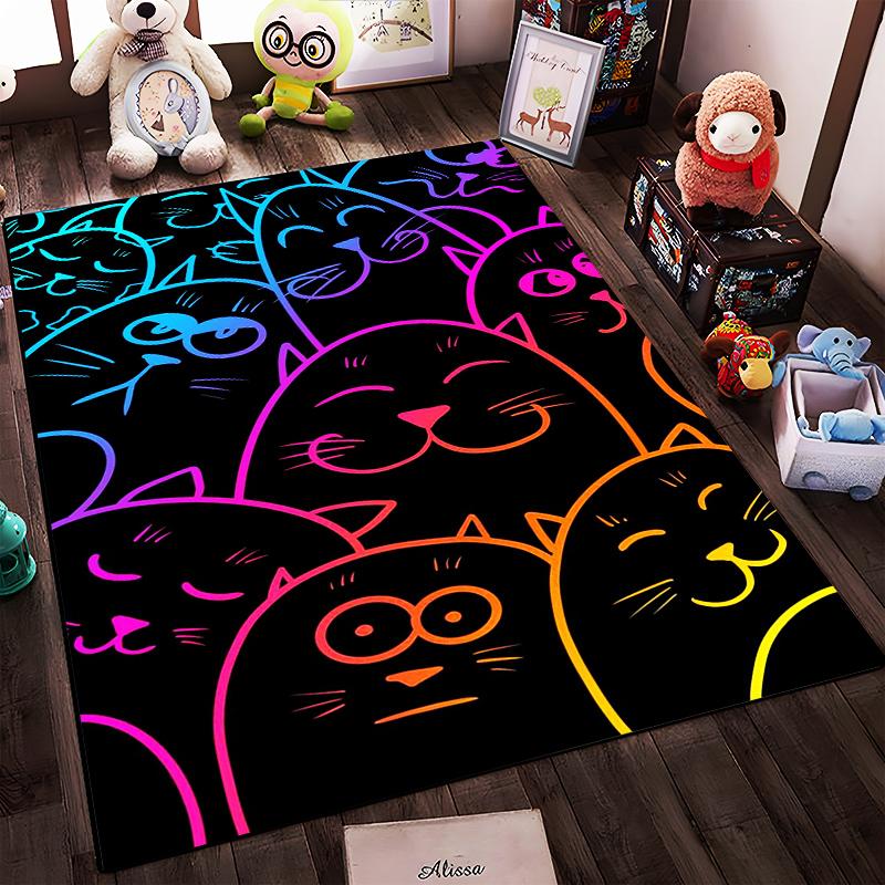 Colorful Neon Cats Pattern on Black Background Carpet1Cute Cartoon Cat Faces Design Suitable for use as an anti-slip1 for1room and bedroom sofas