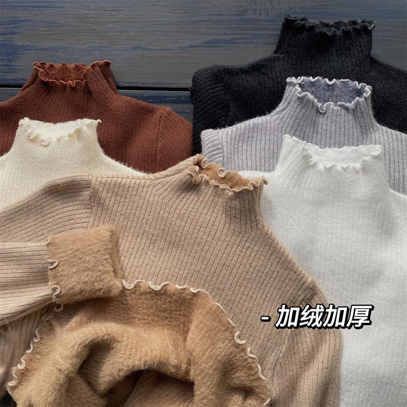 

Warm semi-turtleneck inner bottoming shirt women s autumn and winter fungus edge slim-fit top integrated fleece thickened knitted sweater XL абрикосовий