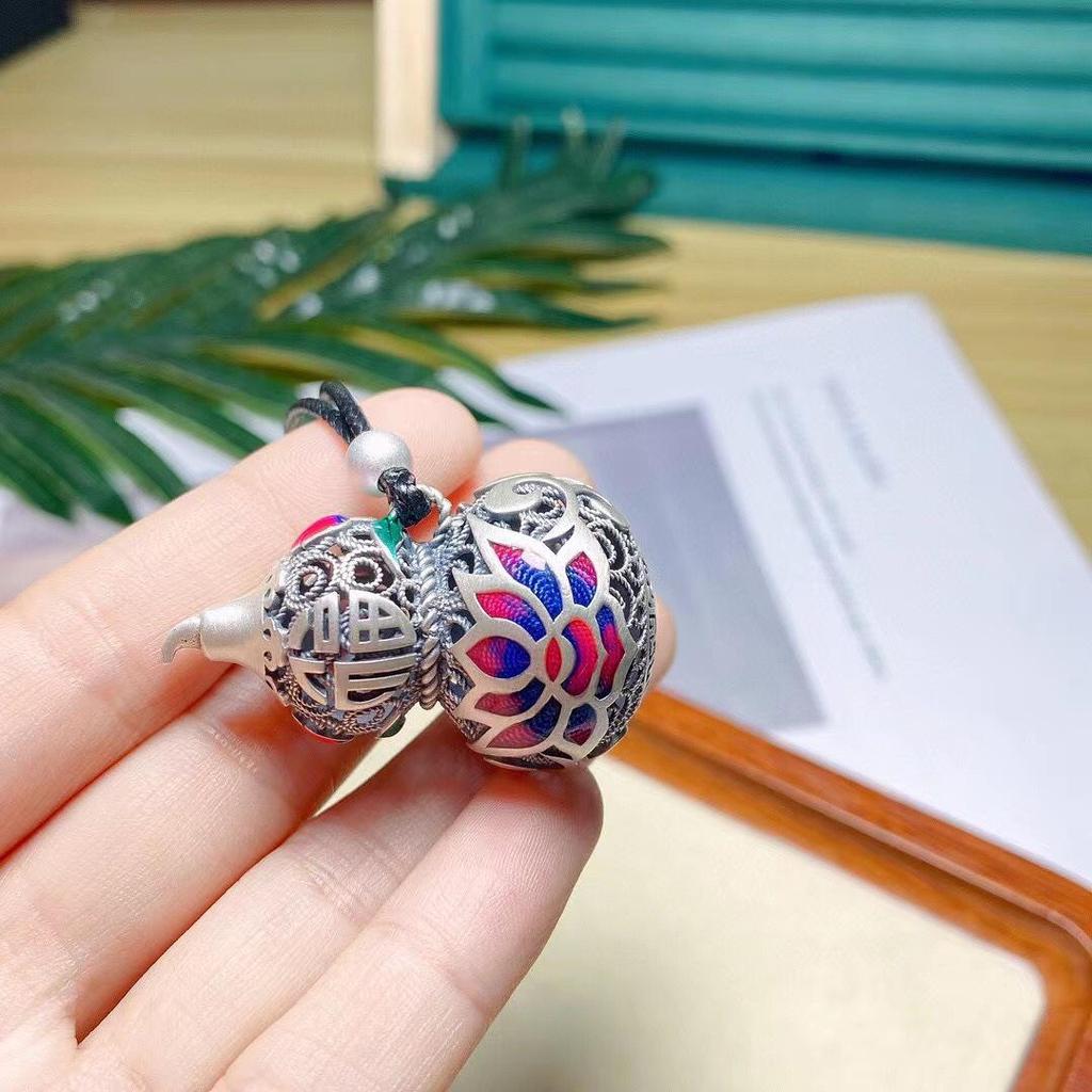 Ethnic Blue Enamel Gourd Pendant, 925 Sterling Silver Sweater Chain for Girls