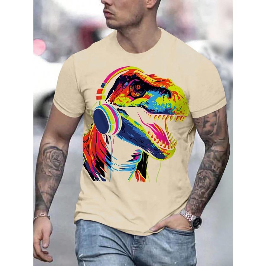 Sommer Urban Fashion Herren T-Shirt Täglich Casual Kurzarm Top Outdoor Street Komfort T-Shirt Buntes Dinosaurier-Print T-Shirt