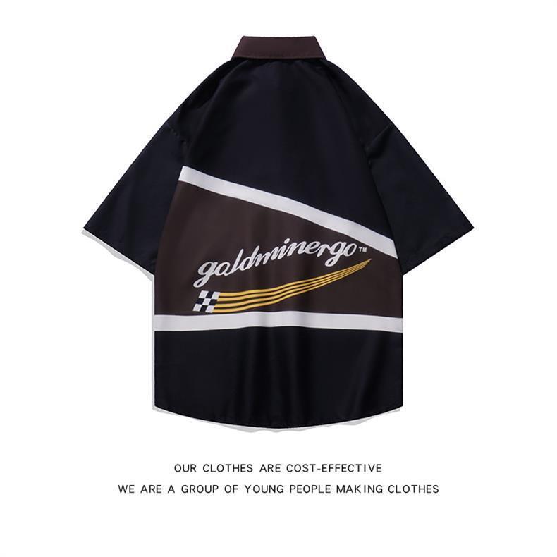 Men's American Retro Hiphop Street Racing Short-Sleeve Summer Shirt - Trendy, Motorcycle-Inspired, Loose, Thin Design