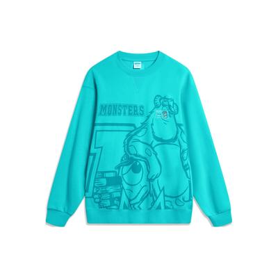 Li Ning X Disney Collaboration FW23 Letter Cartoon Print Fleece Warm Loose Pullover Sweatshirt Unisex Sweatshirt Ice-Porcelain-Green AWDT813-4