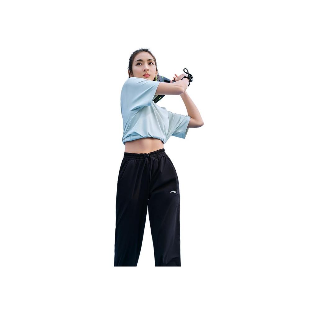 Li Ning Solid Color Mid Waist Drawstring Tapered Knit Sports Pants Women Bottoms Black AYKU396-2
