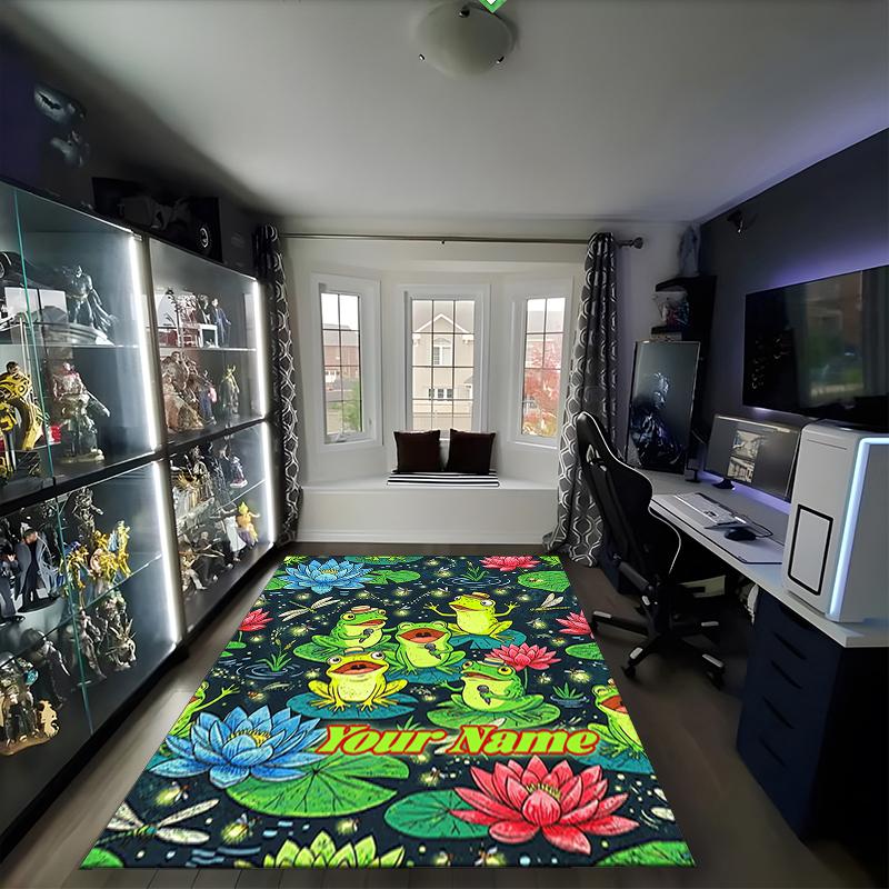 1PC Custom Name Frogs Fireflies Lotus Pond Theme Floor Mat Ideal for Living Room, Game Rooms, Office, Bedroom,Floor Mat Playful Design
