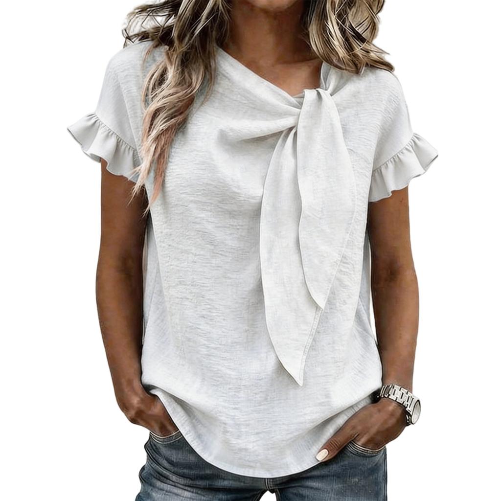Women Short Sleeve Blouse with Ruffle Sleeves and Front Tie Knot Casual Loose Fit Top for Daily Wear