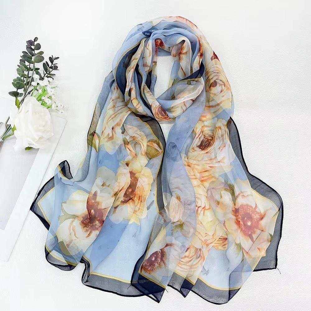 Thin Soft Long Chiffon Scarf Flower Print Beach Scarves Sun Protection Scarf for Casual Wear