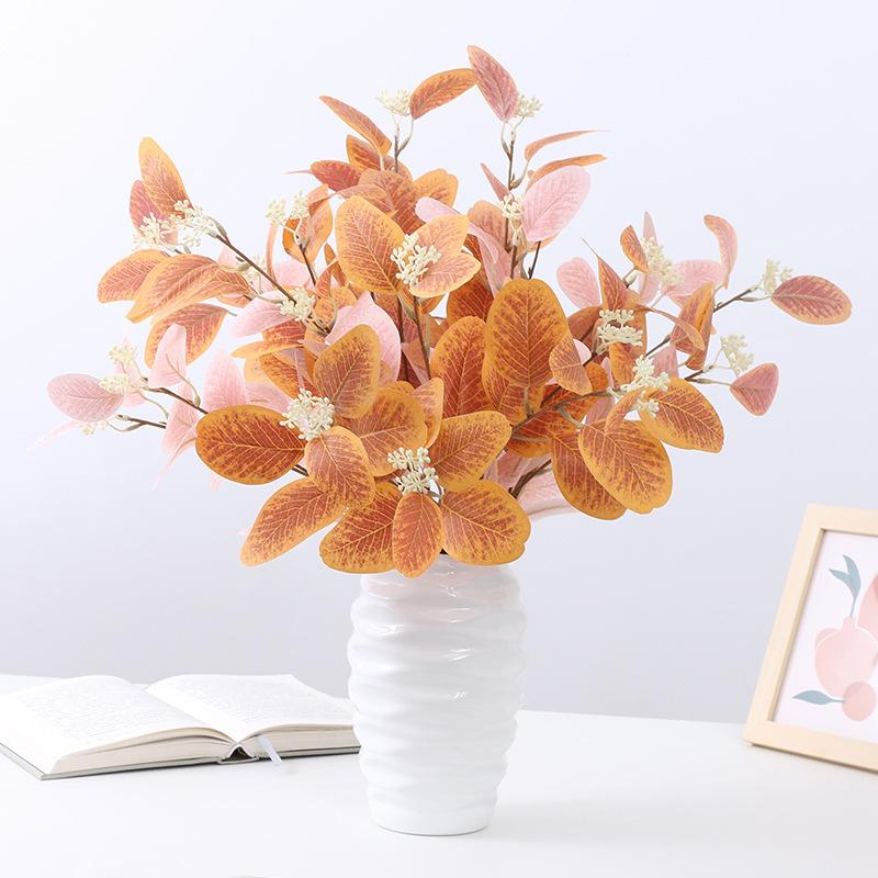10PCS.3-branch faux eucalyptus & apple leaves with fruits, lifelike silk flowers, perfect for wedding decor & home arrangement