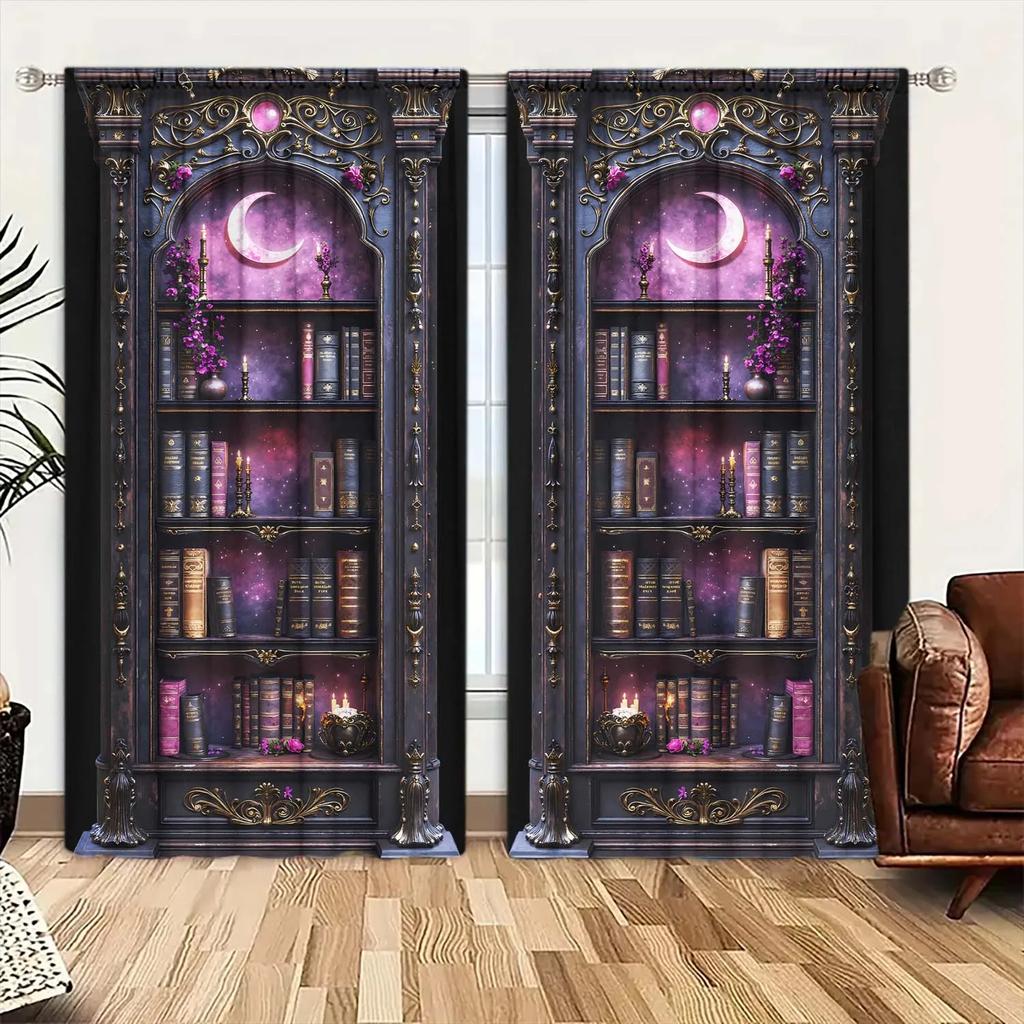 2 Pieces Vintage Gothic Bookcase Printed Curtain - Artistic Home Decoration Curtains   All Season Decorative Curtains