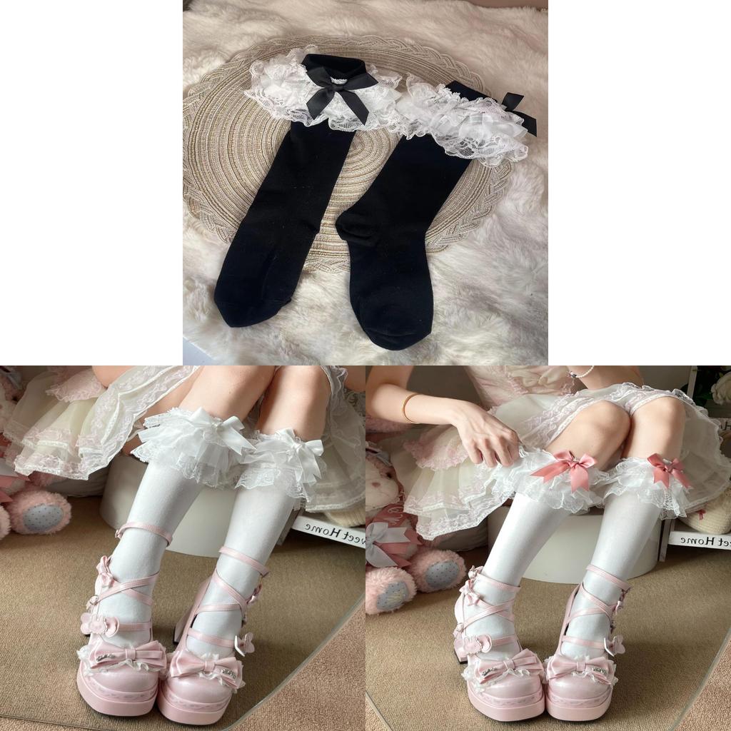 Lolita Lace Trim Cotton Knee Socks With Sweat Absorption For Girls