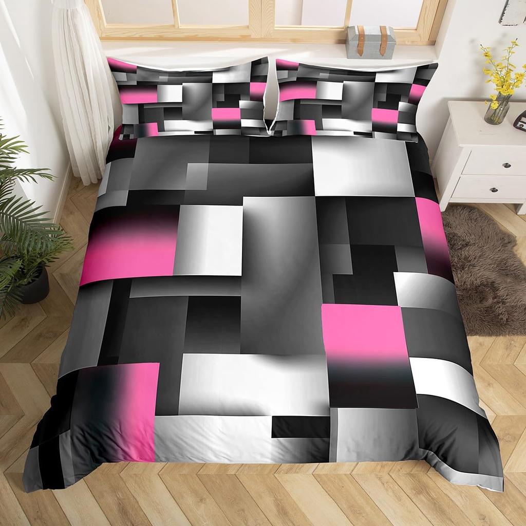 Grid Square Three-Piece Quilt Cover 3D Digital Printing Bedding Set Bed Cover