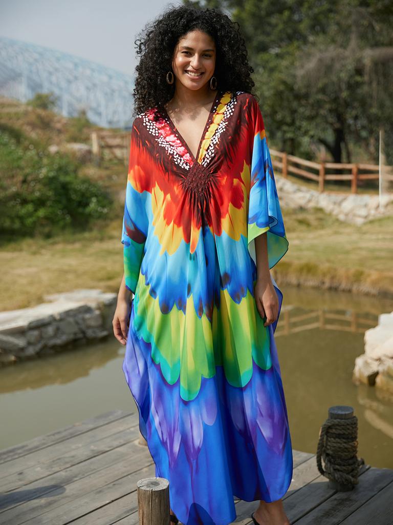 EDOLYNSA 2025 Elegant Print Plus Size Kaftan Women's Retro V-Neck Woven Batwing Sleeve Long Dress Sexy Beach Swimsuit Cover-up Q1634-8774-11