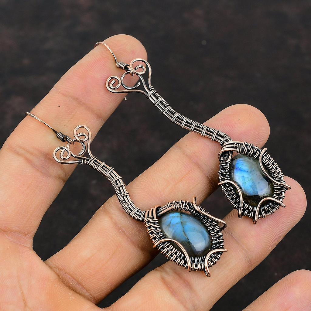 Labradoriet Oorbel Koperdraad Gewikkelde Oorbellen Edelsteen Sieraden Handgemaakte Oorbellen Koperdraad Sieraden Cadeau Voor Mama Helende Steen Oorbellen
