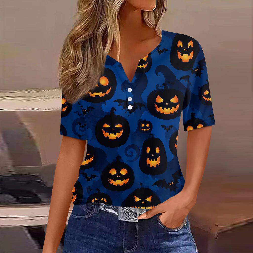 Women's Casual Halloween Print V Neck Short Sleeve Button T Shirt Top Lightweight Comfortable Fit