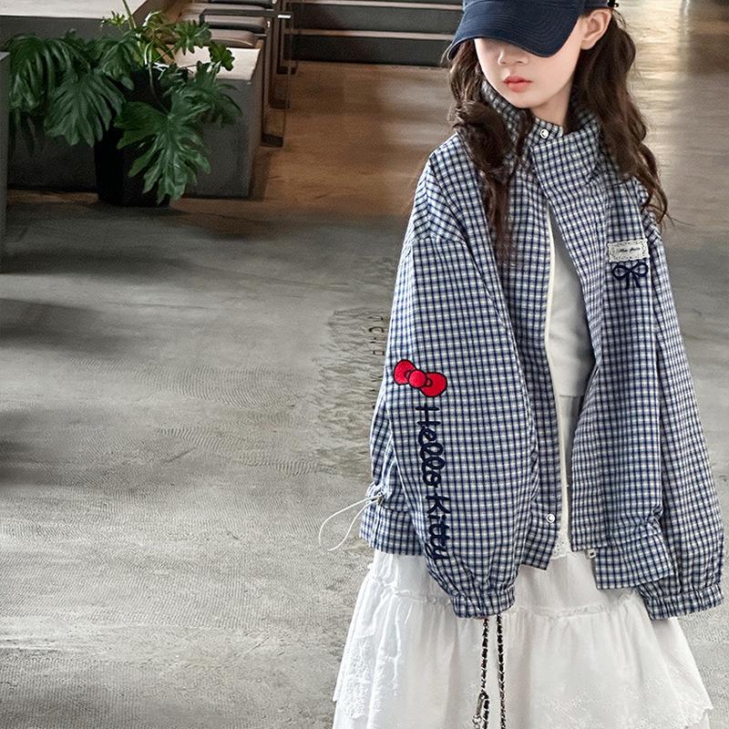 Girls 2025 Plaid Stand-Up Collar Jacket with Cartoon Embroidery - Autumn & Spring Trend 110 cm
