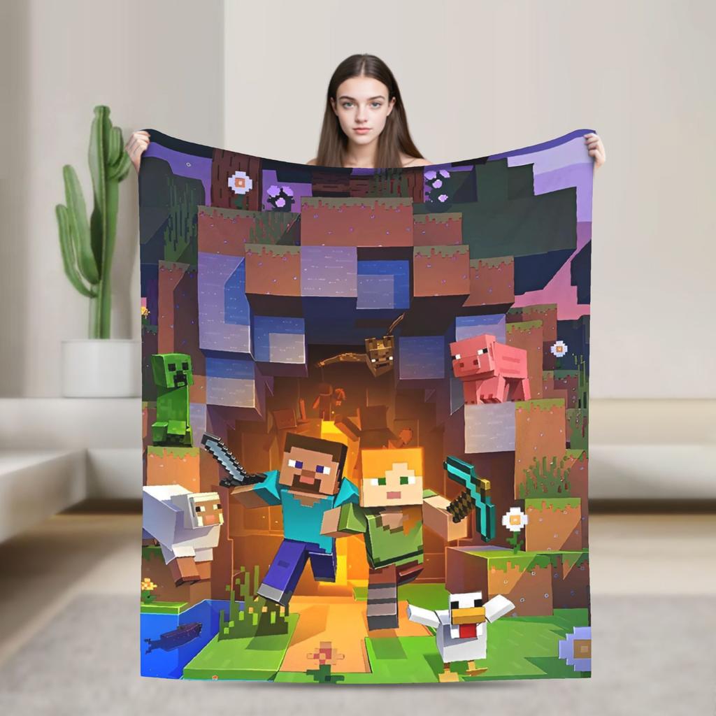 Super Soft Plush Bedding Throws Cartoon Mines Pixels Game  Blankets  For Couch Bed Camping Flannel Bedspread Bed Cover