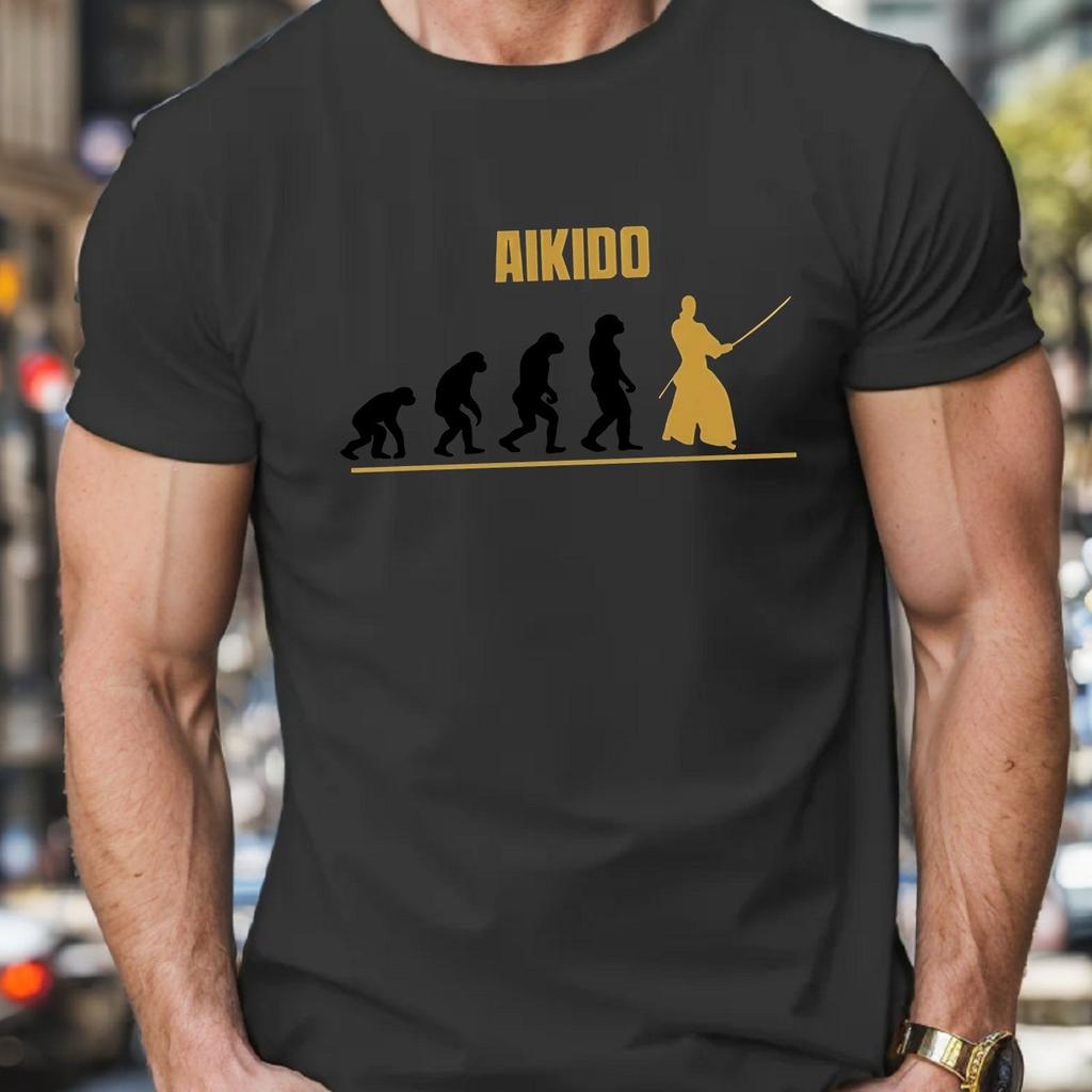 Aikido Evoluce Bojová Umění Grafické Tričko Pánské Ležérní Krátký Rukáv Prodyšná Bavlna Letní Tričko