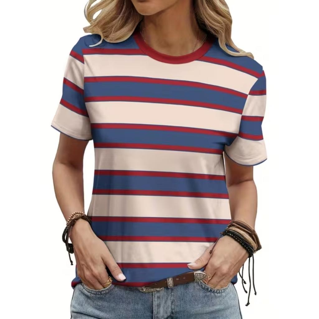 Mode Dam Horisontella Ränder Tryck T-shirt Rolig Casual Rund Hals Kortärmad T-shirt Sommar Dam Tee Shirt