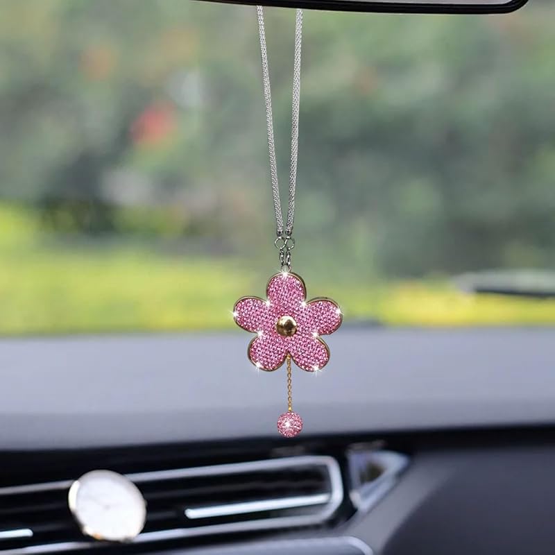 Bling Car Hanging Charm Accessories, Crystal Flower Car Rear View Mirror Pendant Decoration, Car Interior Ornament Accessories for Women Girls