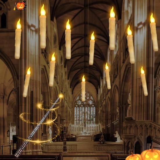 12 Pcs Floating Candles with Wand Remote Magic Hanging Flameless LED Taper Candles Battery Operated Flickering Candlestick with Warm Light for Room
