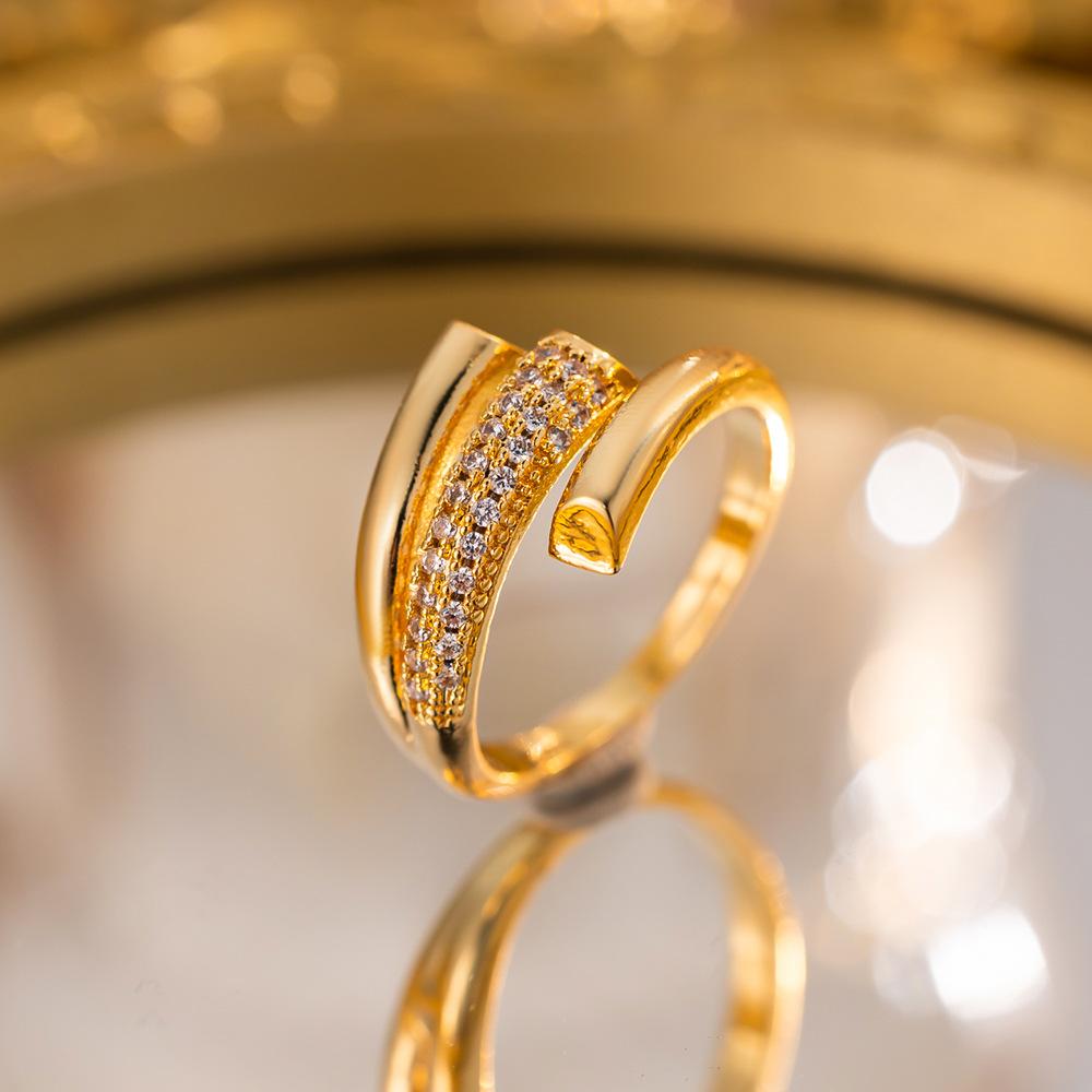 Exquisite super flash zircon ring for girls, light luxury, high-end sense opening adjustable ring, simple real gold electroplating