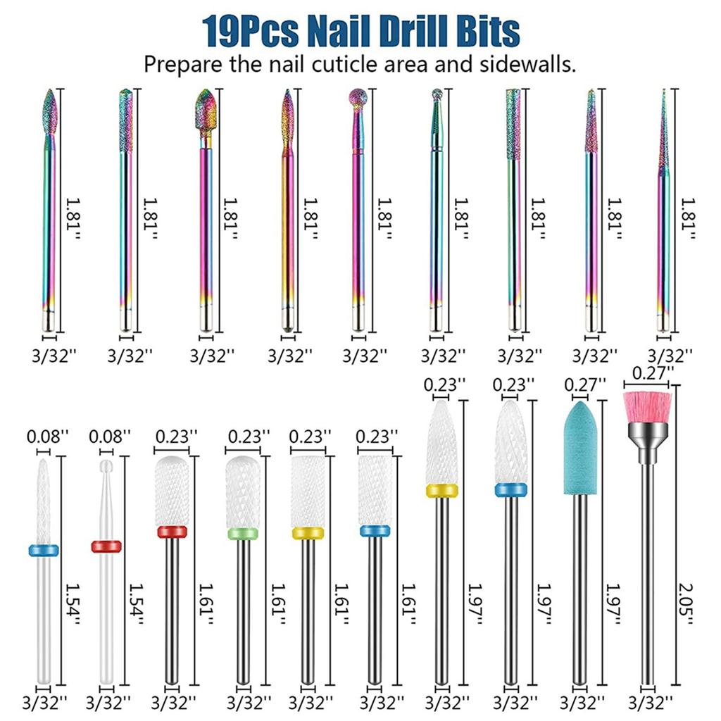 19pcs Nail Drill Bits Sets, 3/32 Inch Diamond Cuticle Electric Nail File and Ceramic Acrylic Gel Nail Bit Kit, Acrylic