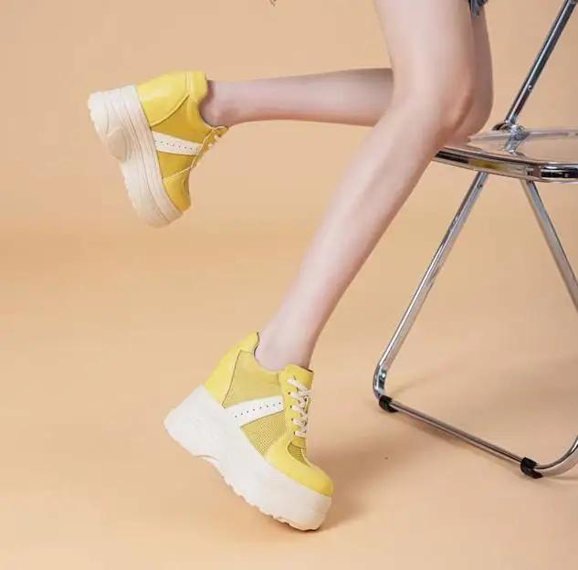 Fashion 11CM Air Mesh Microfiber Leather Platform Wedge High Brand Women Sandals Breathable Flats Chunky Sneakers Hollow Casual Shoes