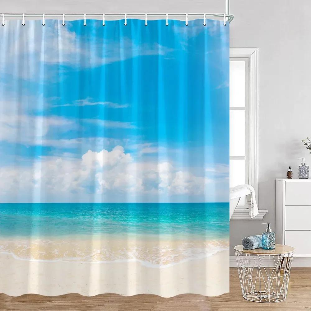 Summer Seaside Landscape Shower Curtain Coconut Tree Tropical Leaves Sea View Bathroom Decorative Polyester Shower Curtain